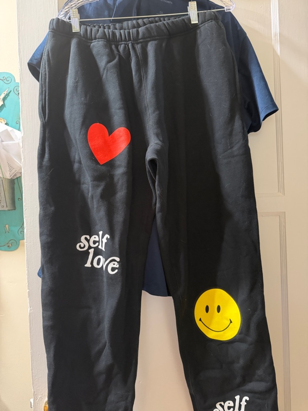Black 'Self Love' Graphic Sweatpants with Heart & Smiley. Size L. Super soft.